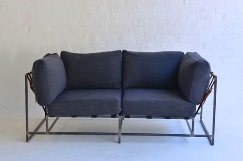 001 Couch - Modern metal, charcoal cushions and leather detail